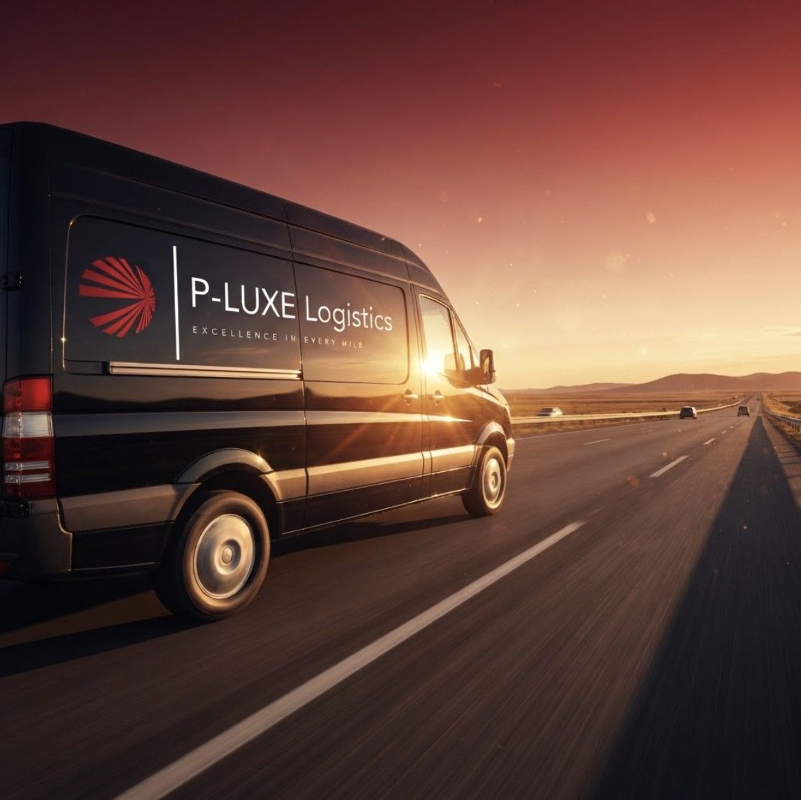P-LUXE Logistics van on the highway at sunset